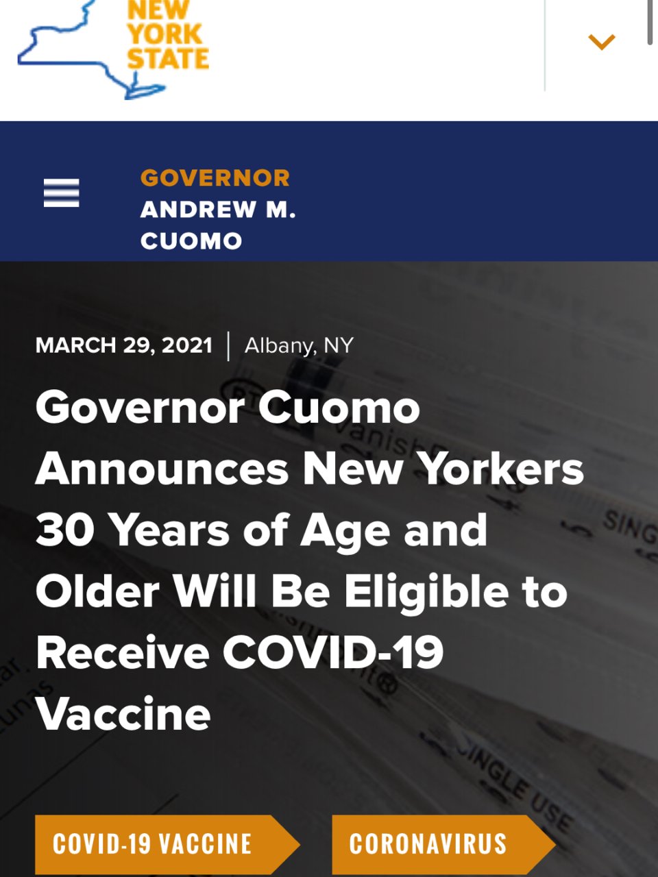 纽约州开放30岁以上居民预约新冠疫苗...