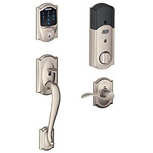 Schlage Connect Camelot Touchscreen Deadbolt with Built-In Alarm and Handleset Grip with Accent Lever, Satin Nickel, FE469NX ACC 619 CAM RH