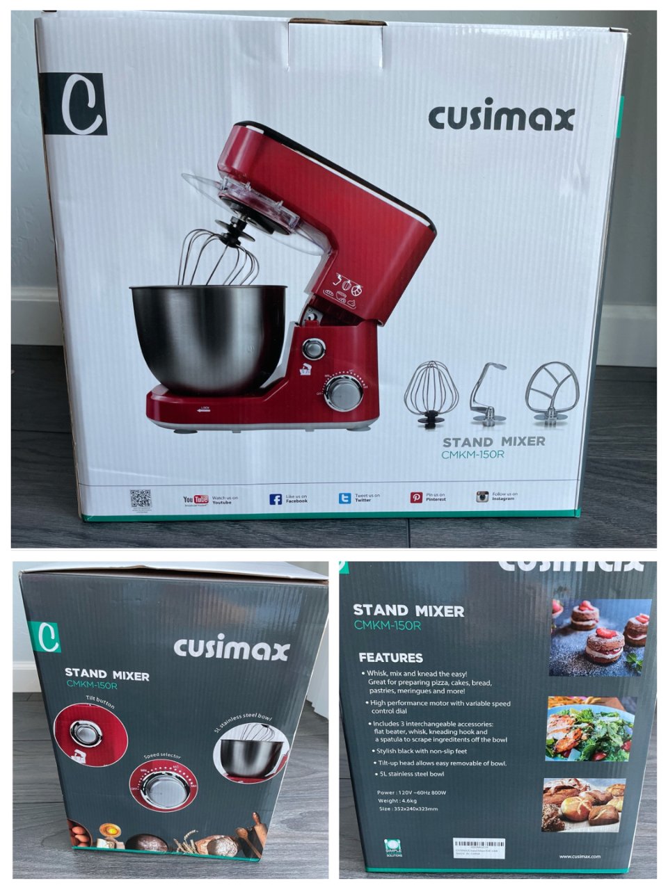 Stand Mixer, Cusimax Dough Mixer Tilt-Head Electric Mixer with 5-Quart Stainless Steel Bowl, Dough Hook, Mixing Beater and Whisk, Splash Guard, Red Food Mixer: Kitchen & Dining