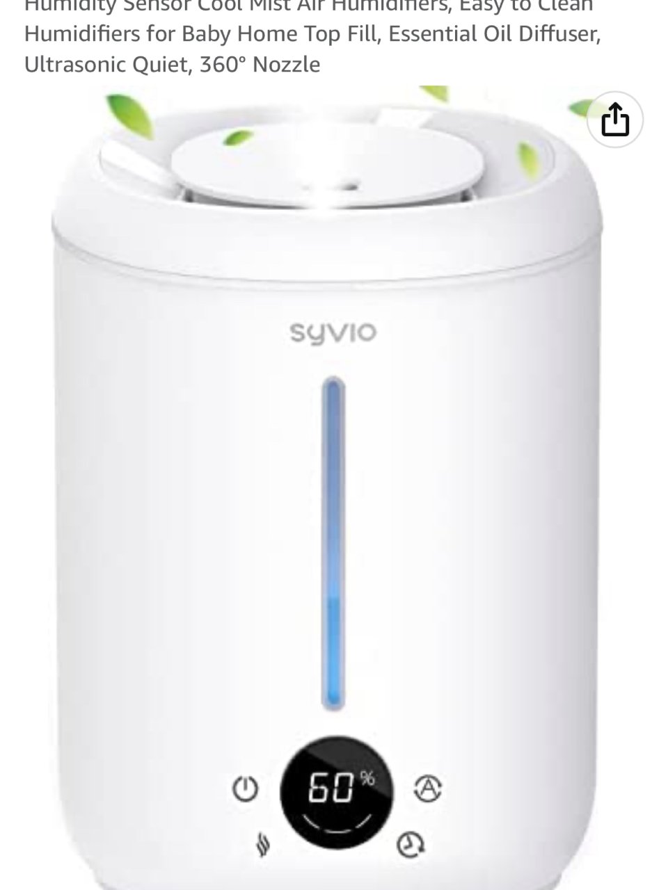 Humidifiers for Bedroom Large Room, Syvio 2.8L Smart Humidity Sensor Cool Mist Air Humidifiers, Easy to Clean Humidifiers for Baby Home Top Fill, Essential Oil Diffuser, Ultrasonic Quiet, 360° Nozzle : Home & Kitchen