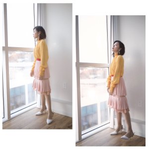 温柔化入春色里｜鹅黄色衬衫+肉粉色蛋糕裙