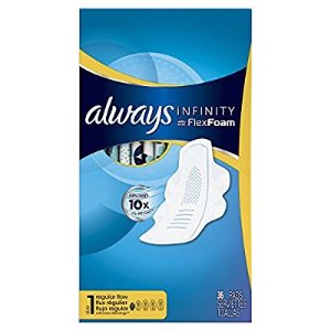 Always Infinity Size 1 Feminine Pads with Wings, Regular Absorbency, Unscented, 36 Count - Pack of 3 (108 Total Count)