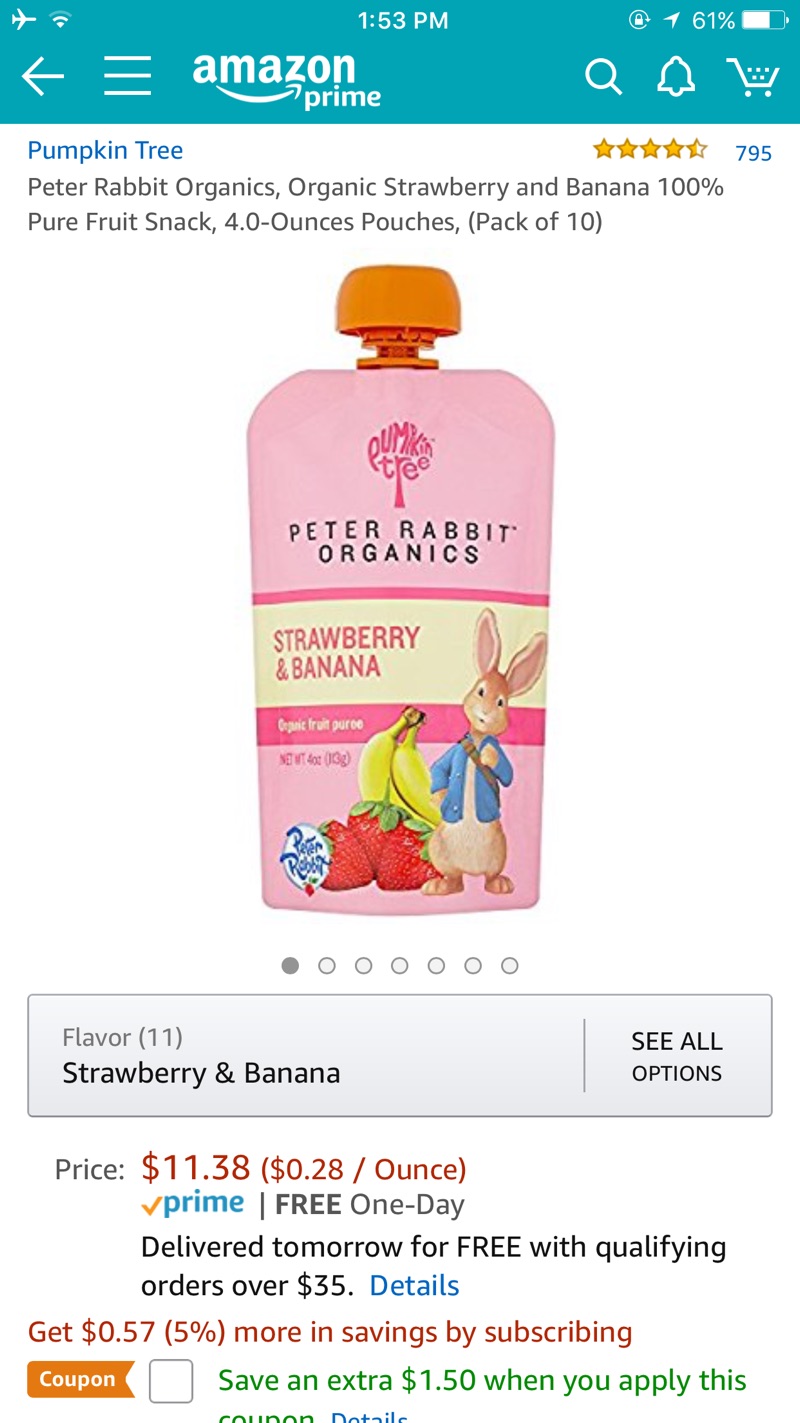 Peter Rabbit有机宝宝果泥10袋，草莓香蕉口味