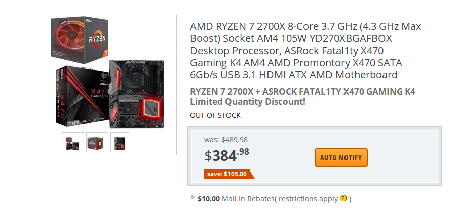 Ryzen 7 2700X CPU +  ASRock Fatal1ty X470 Gaming K4 主板