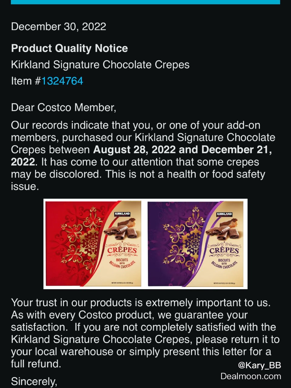 Costco巧克力可麗餅乾，緊急回收...