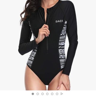 Daci Women Black Geometry Rash Guard Long Sleeve One Piece Swimsuit Zipper Surfing Bathing Suit UPF 50 S: Clothing