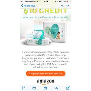 得$10 Amazon credit Amazon primeday购买Pampers pure 产品