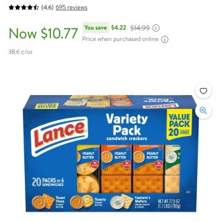 Lance Sandwich Crackers, Variety Pack, 3 Flavors, 20 Individually Wrapped Packs, 6 Sandwiches Each - Walmart.com,Walmart 沃尔玛