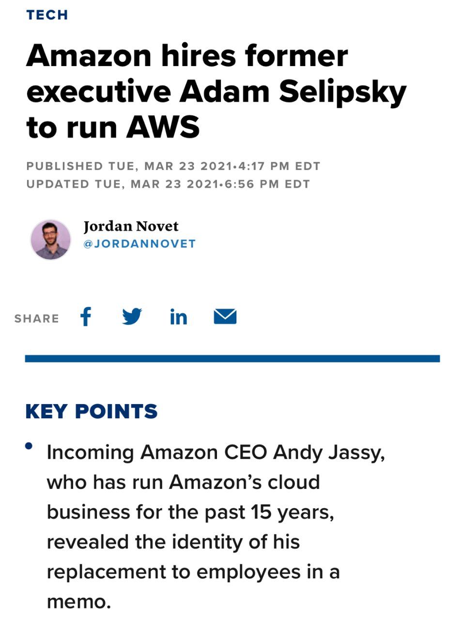 亚马逊任命Adam Selipsky为云...