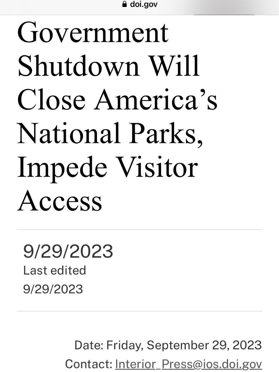 大部分美国国家公园将在10/2关闭...