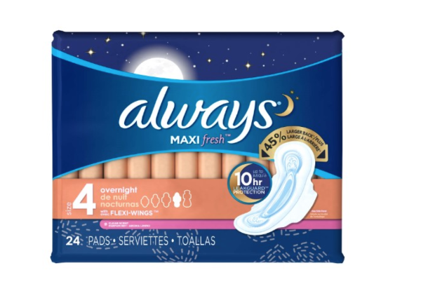 Maxi Size 4 Overnight Pads with Wings, Clean Scent, 24 Count