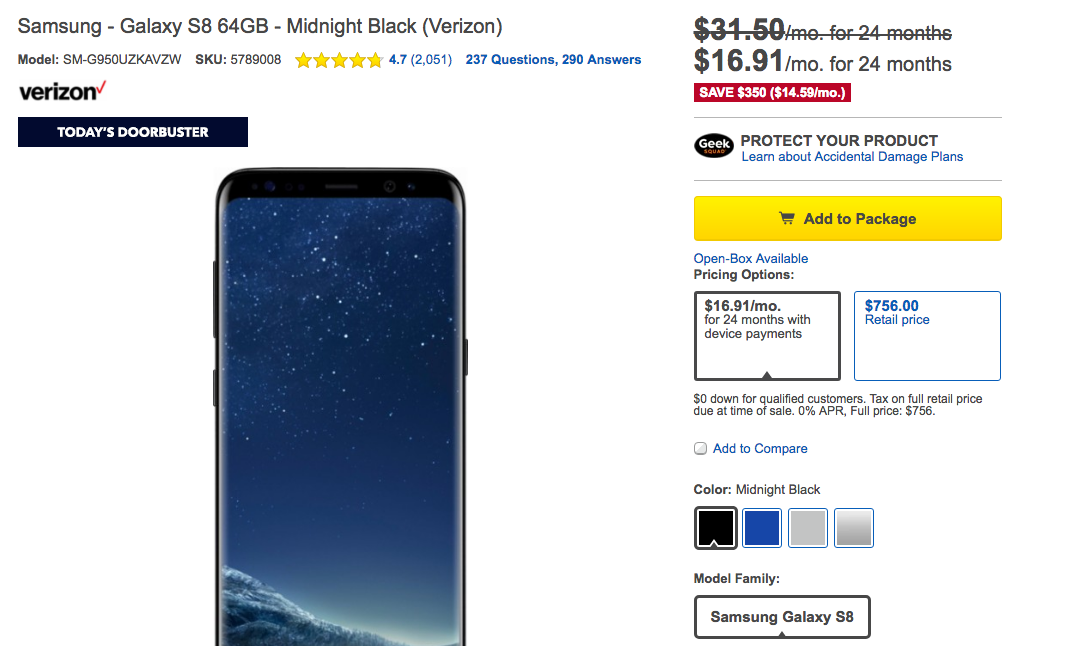 史低价 Samsung Galaxy S8 64GB 智能手机 Verizon版(原价$756)