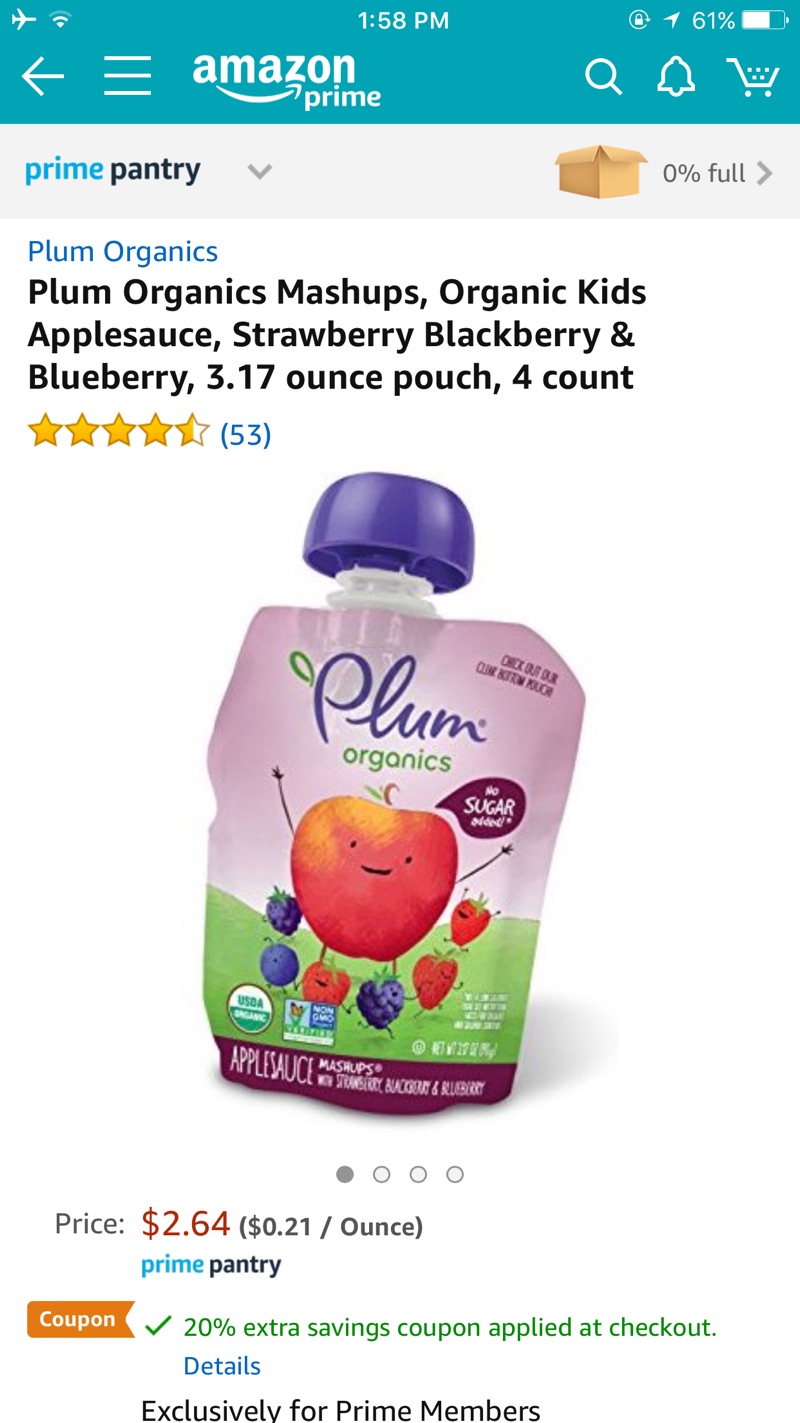 白菜价！Plum 有机宝宝果泥蓝莓草莓味4袋，3.17 ounce pouch