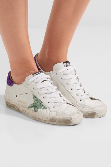 Golden Goose Deluxe Brand | Super Star glittered mesh and distressed leather sneakers | NET-A-PORTER.COM