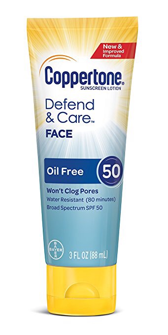 Coppertone Defend & Care Oil Free Sunscreen Face Lotion Broad Spectrum SPF 50 (3-Fluid Ounce)防晒霜