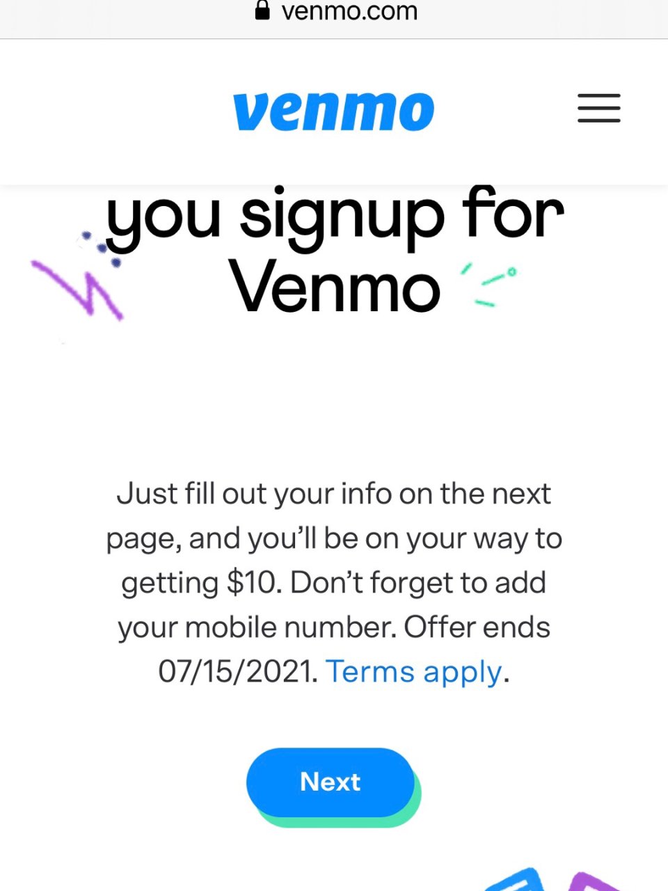 现在开立Venmo账户送$10...
