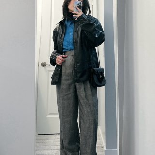 蓝衬衫+黑皮衣+羊绒西裤💰无性别老钱风...
