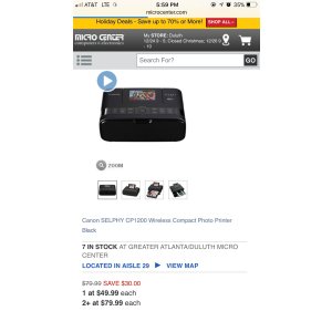 $49.99 Canon SELPHY CP1200 相片打印机，黑白金三色可选