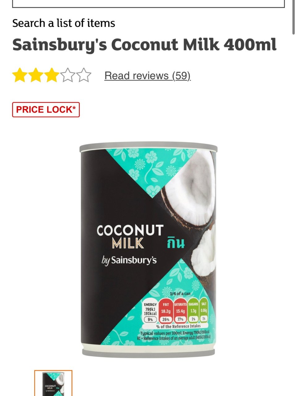 Sainsbury's Coconut Milk 400ml