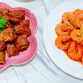 周末晚餐🥣干㸆大虾+凉拌茄子+酱烧排骨...
