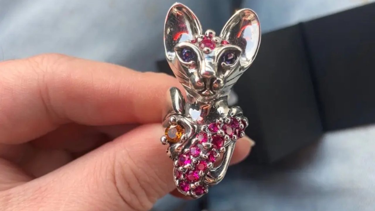 国际猫展上，淘到的一枚镶满宝石的猫型戒指，深得我心😘😘