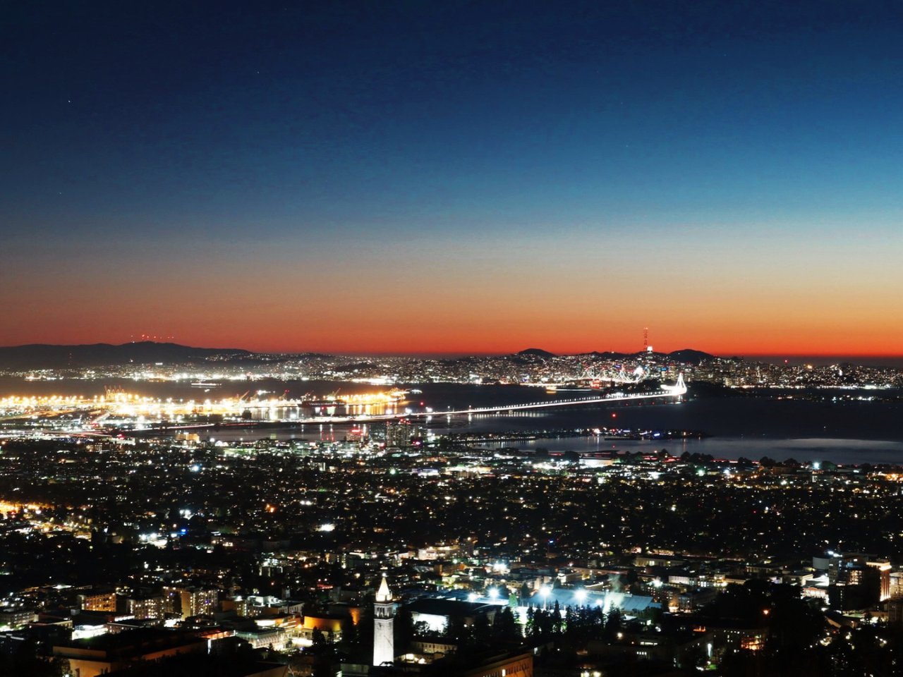 北加州東灣夢幻夕陽夜景，柏克萊大學山上的...