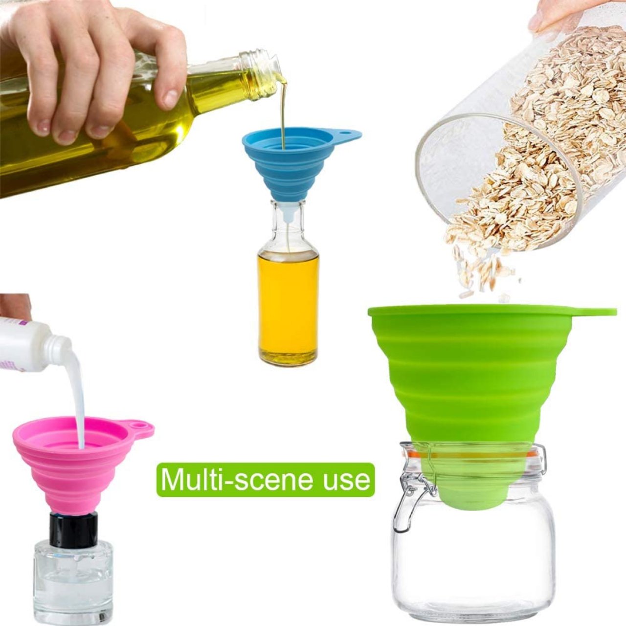 Funnels for Kithcen Use Premium Silicone Funnel for Filling Bottles Food Grade Foldable Collapsible Funnels for Water Set of 3 Large Funnel for Wide Mouth Jar Medium Small Funnel for Oil Powder : Everything Else