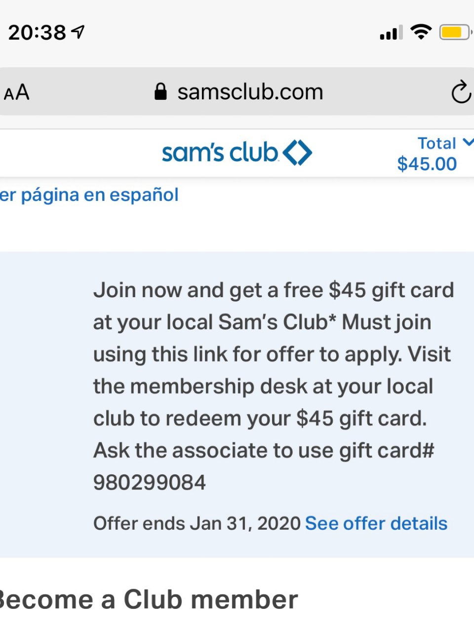 买sams club会员 给$45礼卡...