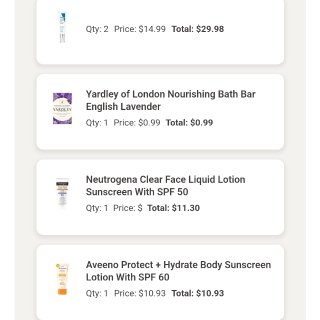 防晒日霜,Yardley 薰衣草保湿沐浴皂 ,Neutrogena Clear Face Liquid Lotion Sunscreen With SPF 50 | Walgreens,Aveeno Protect + Hydrate Body Sunscreen Lotion With SPF 60 | Walgreens