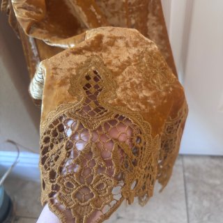 姜黄色绣花天鹅绒挂脖上衣...