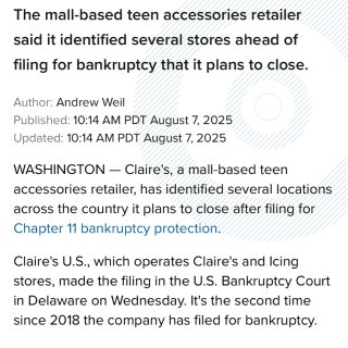 Claire's files for bankruptcy. See closing list.,Claire’s