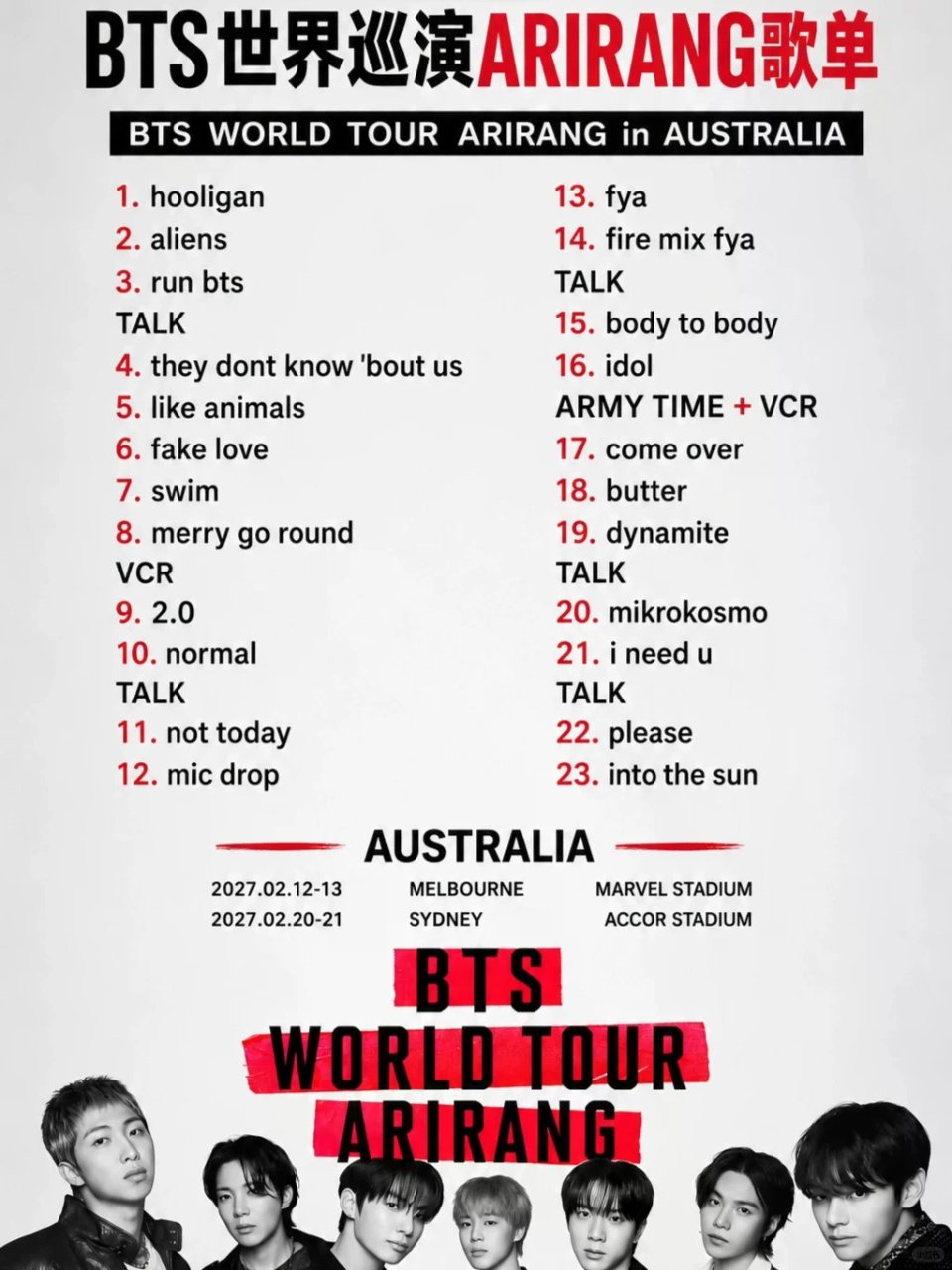 🇦🇺 BTS世巡演唱会歌单来啦🔥...