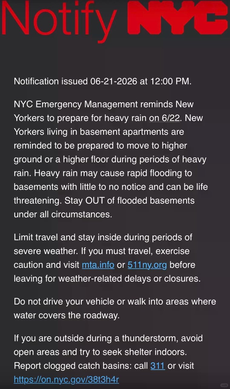 ⚠️ 纽约6月22日周一将迎强降雨和雷暴...