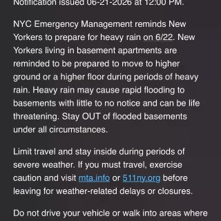 ⚠️ 纽约6月22日周一将迎强降雨和雷暴...