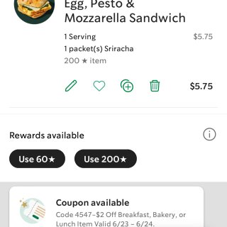 星巴克推送了减$2胖子可用在早中餐或点心...
