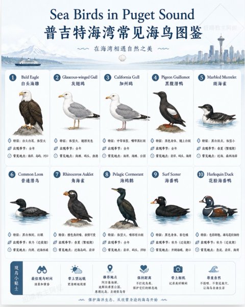 🌊🐦普吉特海湾海鸟图鉴｜西雅图周边最值得认识的9种海鸟
来西雅图不只看鲸鱼！普吉