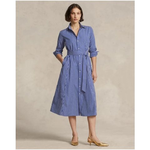 Polo Ralph Lauren条纹棉质系带衬衫裙