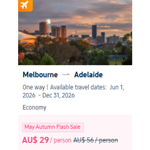 6月23日14点秒杀！墨尔本-阿德莱德 机票