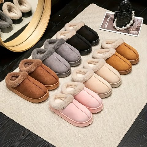 短绒厚底拼色女款拖鞋
