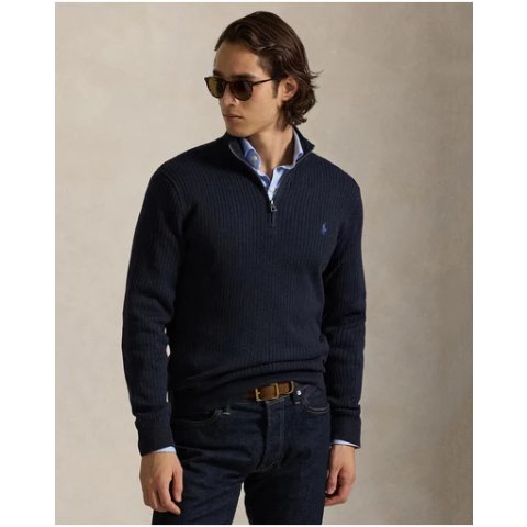 Polo Ralph LaurenICONIC Rib-Knit 棉质半拉链毛衣