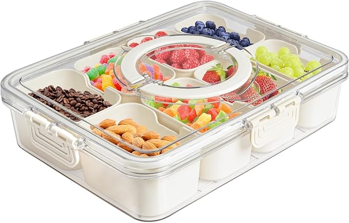 Divided ServingTray with Lid and Handle, 8 Compartment Serving Tray Portable Travel Snack Storage Containers Stackable Snackle Box Charcuterie Container for Fruit,Vegetable