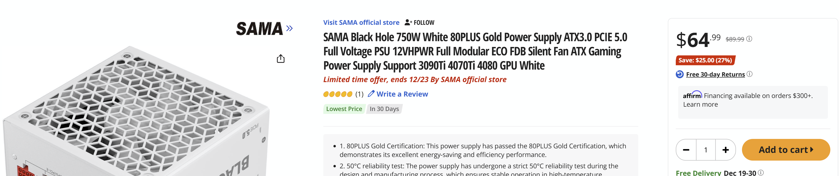 SAMA Black Hole 750W White 80PLUS Gold Power Supply ATX3.0 PCIE 5.0 Full Voltage PSU 12VHPWR Full Modular