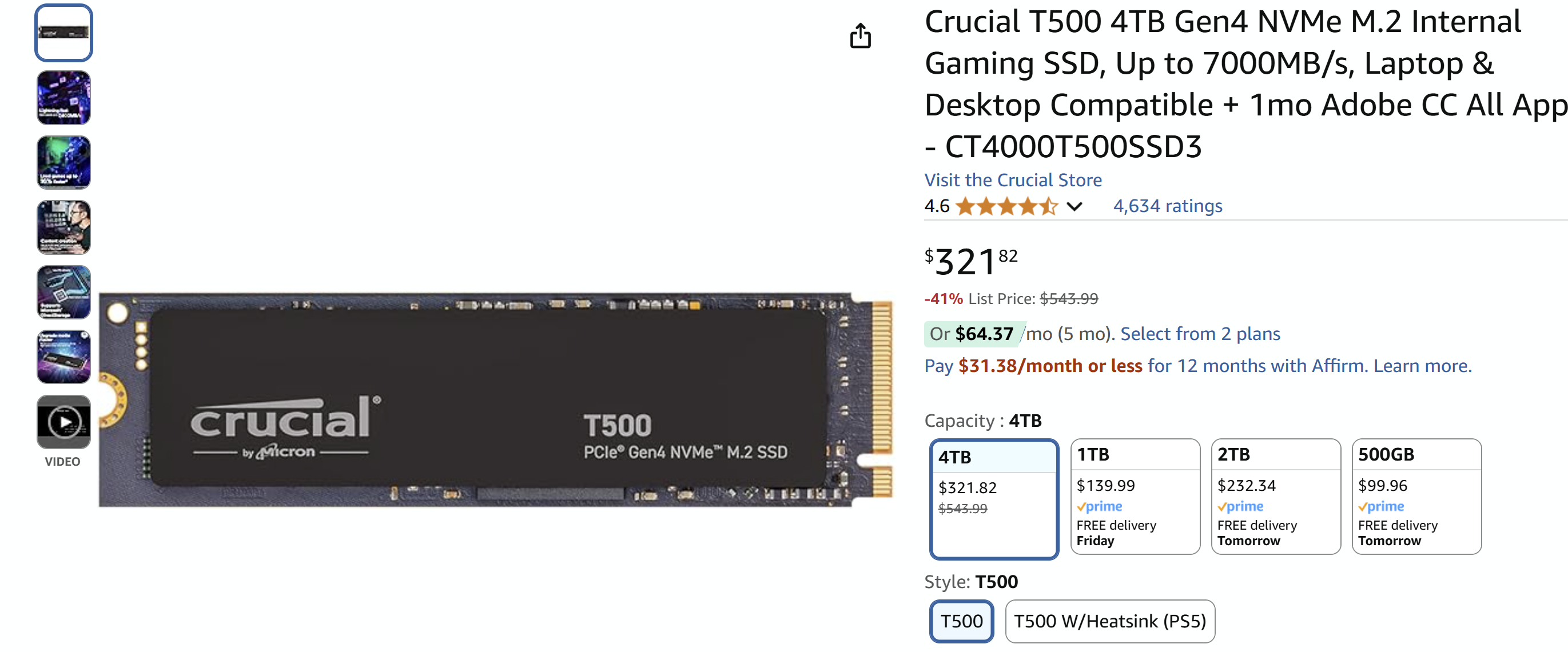 Crucial T500 4TB Gen4 NVMe M.2 Internal Gaming SSD, Up to 7000MB/s, Laptop &amp; Desktop Compatible + 1mo Adobe CC All Apps - CT4000T500SSD3 : Amazon.ca: Electronics