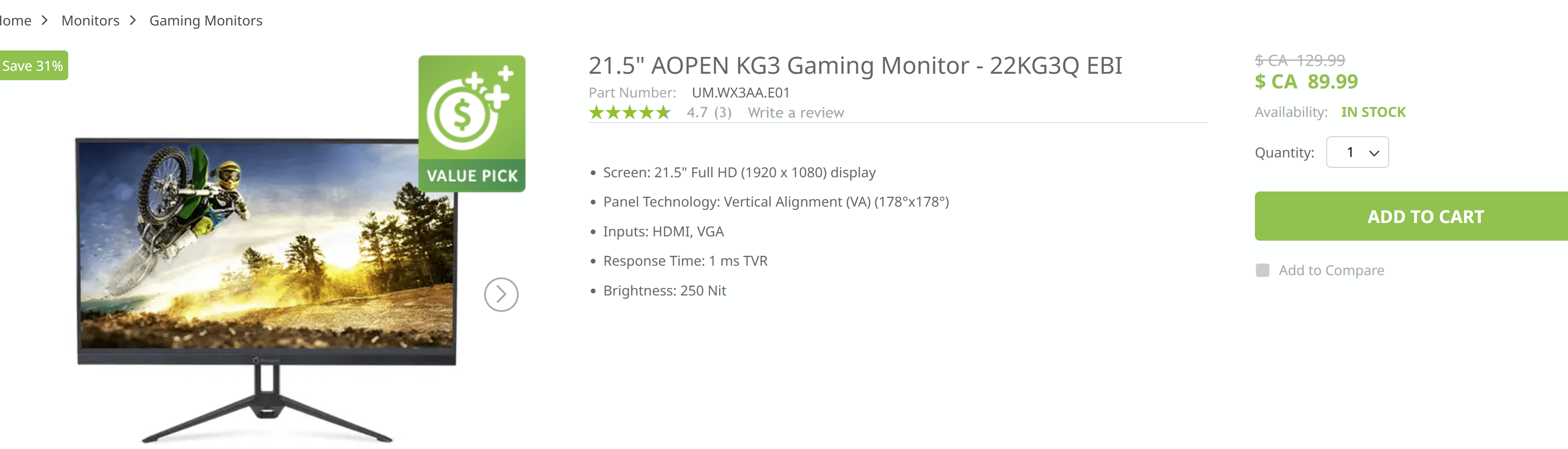 21.5" AOPEN KG3 Gaming Monitor - 22KG3Q EBI