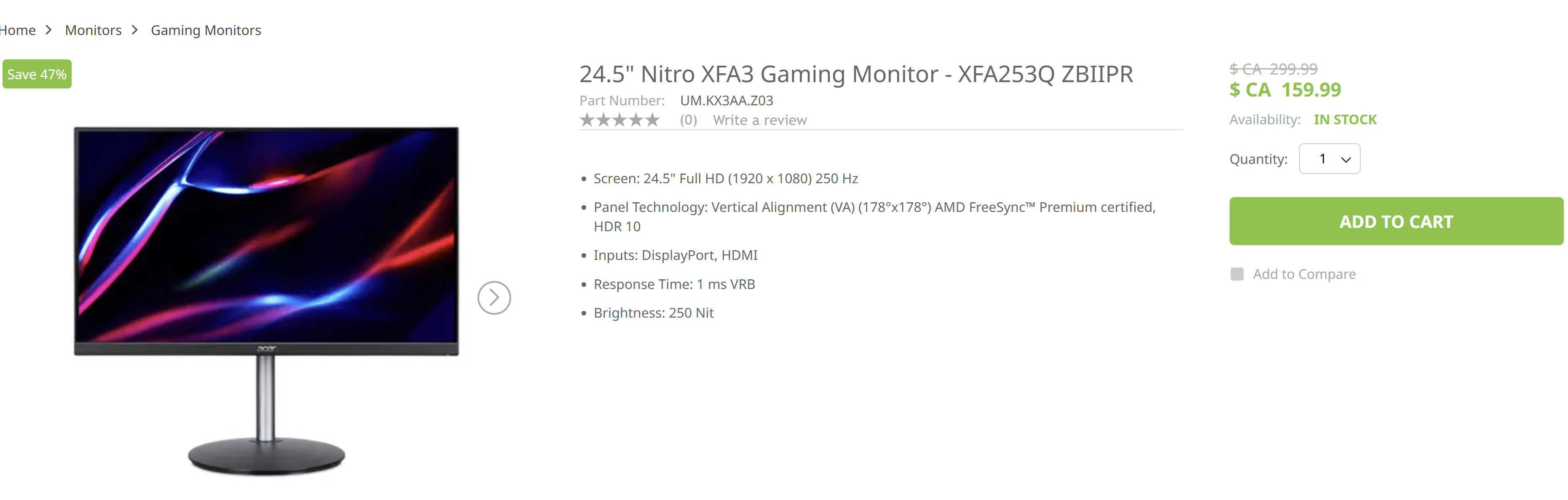 24.5" Nitro XFA3 Gaming Monitor - XFA253Q ZBIIPR