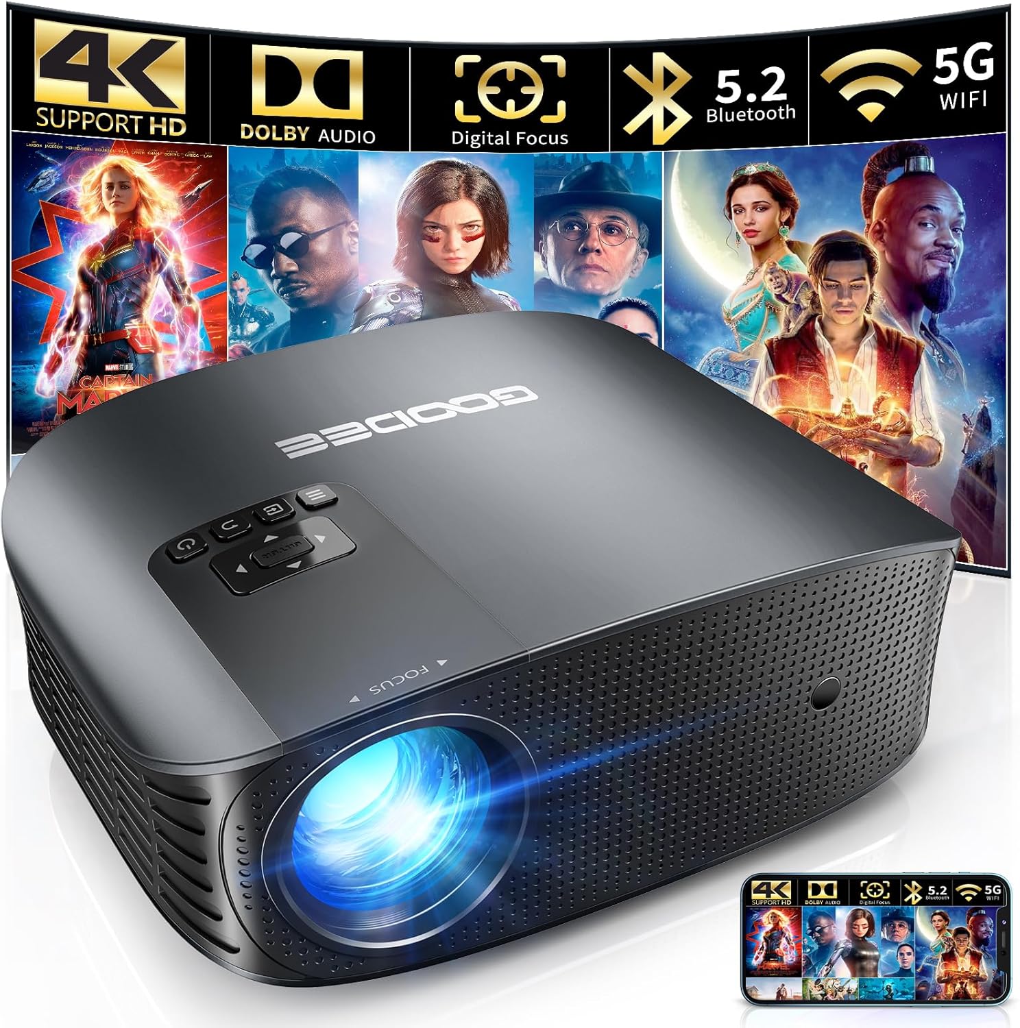 GooDee Projector 4K with WiFi and Bluetooth Supported