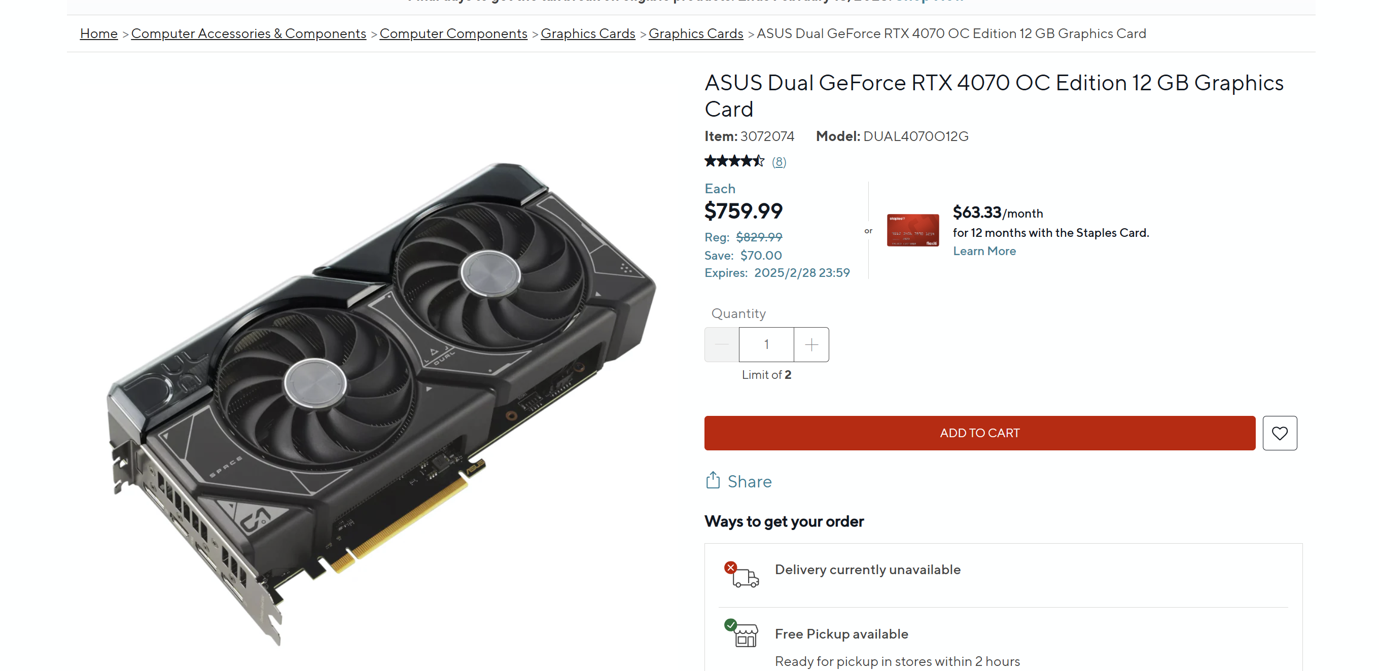 ASUS Dual GeForce RTX 4070 OC Edition 12 GB Graphics Card