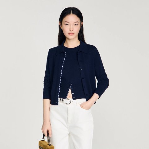 女士羊毛羊绒条纹开衫 藏蓝色