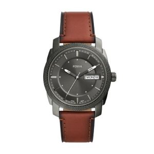 Fossil Machine 棕色皮革腕表 三针日历
