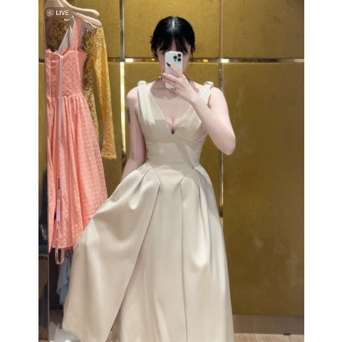 Vintage 缎面百褶中裙米色